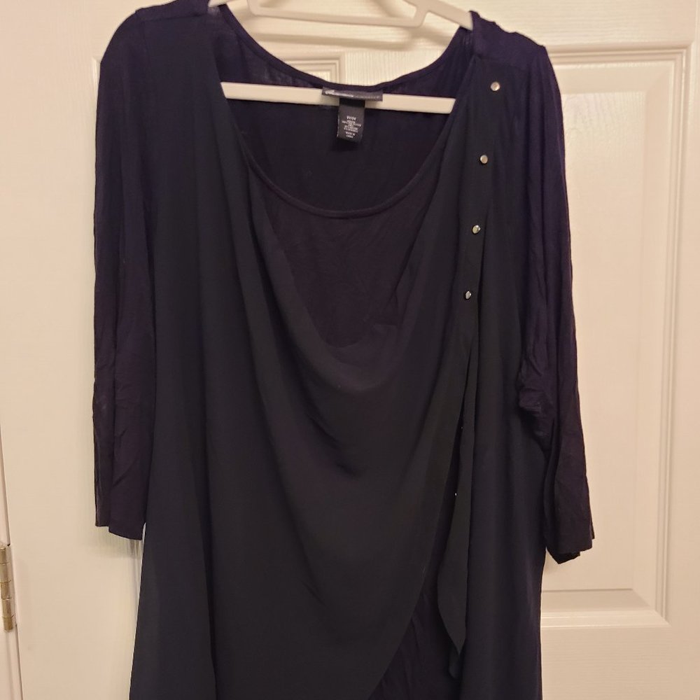 Lane Bryant Layered Look Cotton & Chiffon Black Top 3/4 Sleeve